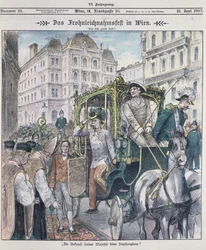 Imperador Franz Josef da Áustria, chegando à Catedral de Santo Estêvão, em Viena, para celebrar a festa de Corpus Christi (Fronleichnam), 1897;