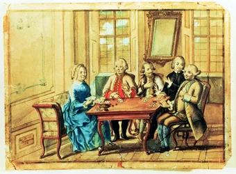 Imperatriz Maria Teresa da Áustria jogando cartas com o marechal de campo Karoly Batthyany (1698-1772), Nadasky e o marechal de campo Leopold Joseph, Conde von Daun (1705-66), 1751