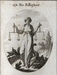 Alegoria patrimonial com duas escalas na mesma altura. Seu atributo é o corno da abnegação para mostrar que ela recompensa com bondade depois de ter sido corretamente autorizada. Gravura em "Iconologie oder Ideen aus dem Gebiete der Leidenschaften und Alle