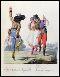 Dançarinos húngaros em trajes tradicionais, ilustração de um livro Trajes de Pannonie por JH de Bikkesy, publicado em Viena, 1810 (gravura a cores)