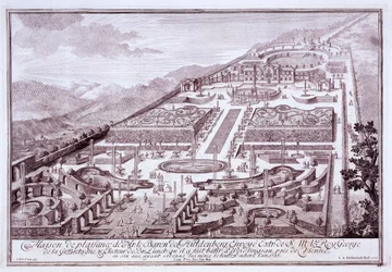 Magníficos jardins e palácio do Barão de Huldenburg, construído por ele em Widlingsau, 1719