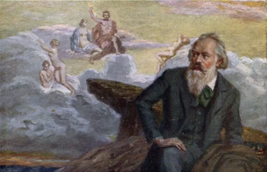 Postal representando Johannes Brahms (1833-1897) compondo sua primeira sinfonia Op.68, c.1900