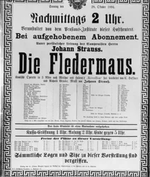 Cartaz publicitário para «Die Fledermaus», de Johann Strauss Filho, para uma representação na Ópera Estatal de Viena, 28 de outubro de 1894 (litografia)