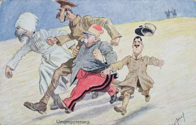 Reagrupamento, Rússia, Grã-Bretanha, França e Itália fugindo antes dos austríacos e alemães no horizonte, primeira guerra mundial cartão postal