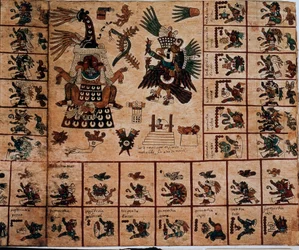 Representação de divindades astecas e quadrículas correspondentes ao calendário. Página do manuscrito asteca em casca de árvore «Codex Borbonicus», códice indígena pré-colombiano do México central, finais do século 15. Biblioteca da Assembleia Nacional