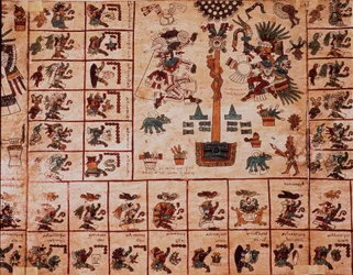 Representação de divindades astecas e quadrículas correspondentes ao calendário. Página do manuscrito asteca em casca de árvore «Codex Borbonicus», códice indígena pré-colombiano do México central, finais do século XV. Biblioteca da Assembleia Nacional