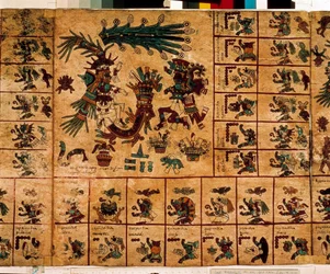 Representação de divindades astecas e quadrículas correspondentes ao calendário. Página do manuscrito asteca em casca de árvore «Codex Borbonicus», códice indígena pré-colombiano do México central, finais do século XV. Biblioteca da Assembleia Nacional