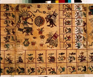 Representação de divindades astecas e quadrículas correspondentes ao calendário. Página do manuscrito asteca em casca de árvore «Codex Borbonicus», códice indígena pré-colombiano do México central, finais do século XV. Biblioteca da Assembleia Nacional