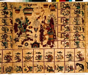 Representação de divindades astecas e quadrículas correspondentes ao calendário. Página do manuscrito asteca em casca de árvore «Codex Borbonicus», códice indígena pré-colombiano do México central, finais do século XV. Biblioteca da Assembleia Nacional