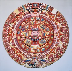 Civilização pré-colombiana: o calendário asteca (Pedra do Sol): disco representando o calendário asteca e a cosmogonia (Tonalpohualli)