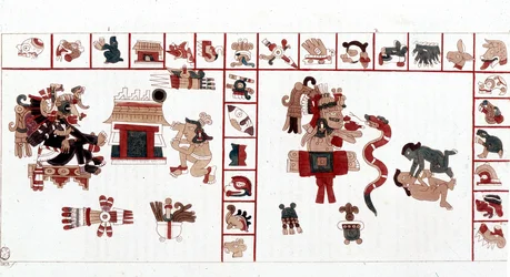 O Deus Asteca Cihuacohuatl representado em um manuscrito hieroglífico, pictogramas.