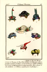 Desenhos de chapéus de mulher da moleira Marcelle Demay. Modeles de Marcelle Demay. Gravura de bolso colorida à mão (stencil) depois de uma ilustração de B. Berty do Tommaso Antongini