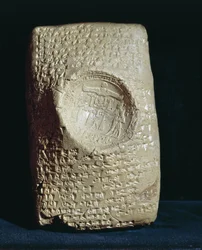 Tabuleta escrita em silábico cuneiforme babilônico proveniente das ruínas da antiga Ugarit (Ras-Shamra moderna)