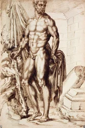 Hércules virou-se para a esquerda, apoiando-se em seu clube, segurando a cortina, pelas ruínas de um templo,
