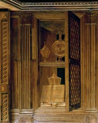 Painéis da Intarsia representando um armário com uma porta de treliça, no estudo de Federigo da Montefeltro, Duque de Urbino (madeira)