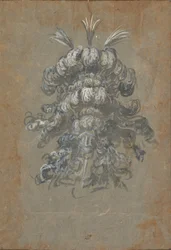 Design para um cocar luxuoso com penas em uma vista frontal de capacete, ca. 1620-56.