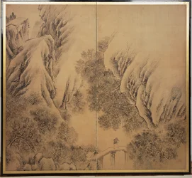 Cena de paisagem de montanhas e lago,
década de 1780 (Par de biombos; tinta e ligeira
cor sobre papel)