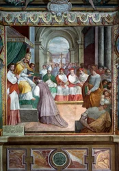 Celestino III consagrando o primeiro bispo de Viterbo em 1192, detalhe dos afrescos de Baldassare Croce