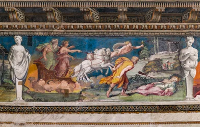 Procris empalado pelo dardo nunca errado, Cephalus a correr na sua direcção e Aurora e Titone numa carruagem puxada por quatro cavalos
