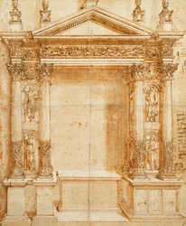 Projeto para um altar com um tabernáculo com frontão apoiado em estátuas coríntias emparelhadas de Santa Luzia, Santa Inês, Santo Ansano e Santo Estêvão em nichos entre estas