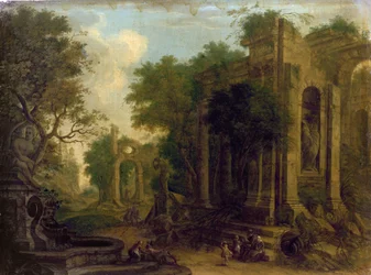 Paisagem arborizada com viajantes descansando por ruínas clássicas