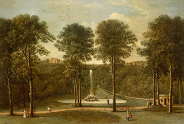 Vista do lago da fonte em Hackfall, com a Banqueting House ao fundo