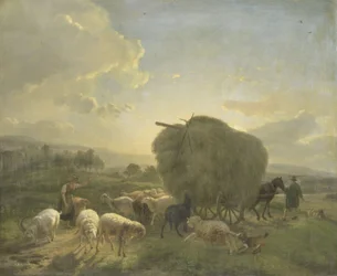 Paisagem com ovelhas e uma carroça de feno
