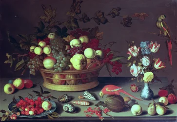 Uma cesta de uvas e outras frutas (óleo no painel)