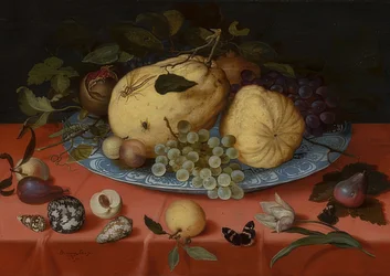 Ainda vida de frutas com mexilhões e tulipa. 1620