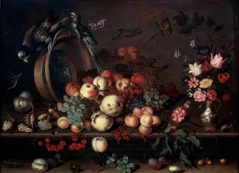 Natureza morta com frutas, flores e papagaios, década de 1620