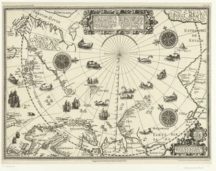 Mapa dos países à volta do Círculo Polar Ártico com as três viagens dos holandeses em 1598