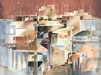 Pueblo abstrato, c.1980-90 (aguarela sobre papel)