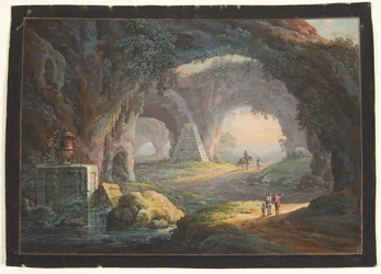Uma paisagem de fantasia com ruínas e figuras antigas