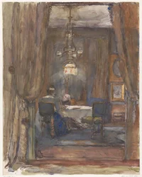 A sala de estar em Riouwstraat, em Haia, à noite