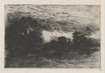 Paisagem com árvores e céu tempestuoso