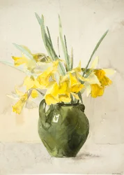 Bouquets de flores amarelas num vaso (aguarela sobre papel tecido)