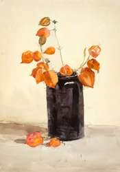 Flores em vaso preto (aguarela sobre papel)