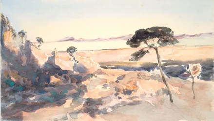 Paisagem: Árvore com montanhas cor-de-rosa (aguarela e grafite sobre papel tecido)