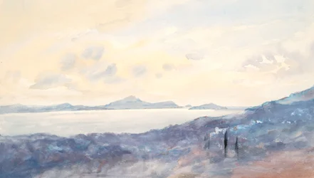 Paisagens com lavagem azul (aguarela e grafite sobre papel tecido)