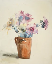 Flores rosa em vaso (aguarela sobre papel)