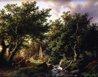 Uma paisagem arborizada com uma capela