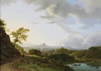 Uma paisagem panorâmica de verão com viajantes e uma ruína de castelo ao longe