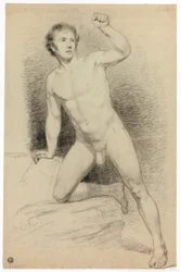Nu masculino académico apoiado numa plataforma