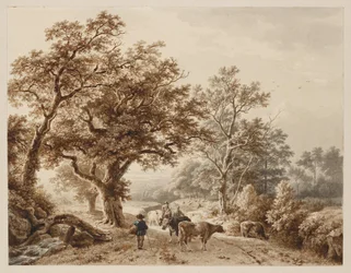 Uma paisagem com denso bosque de carvalhos, povoada por gado e figuras