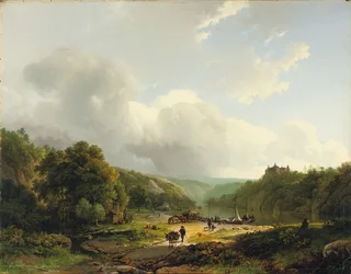 Descarregando a barcaça em uma paisagem ondulada, 1831