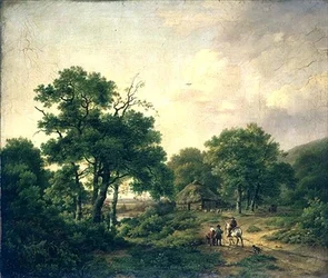 Paisagem arborizada com figuras (óleo sobre tela)