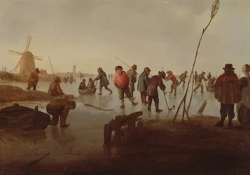 Figuras que patinam na via navegável congelada, século XVII