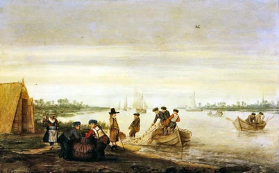 Cena de um rio com pescadores a puxar as redes