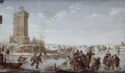 Patinadores e figuras elegantes com trenós puxados por cavalos num rio congelado junto a uma torre