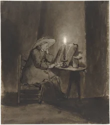 Menino lendo à luz de velas